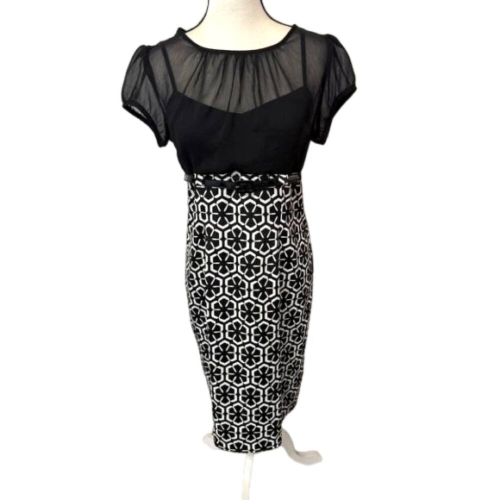 2/$30 NWT ALYX Polyester Black/White Sheer Attached Cami Sheath Dress Sz 8 #2280